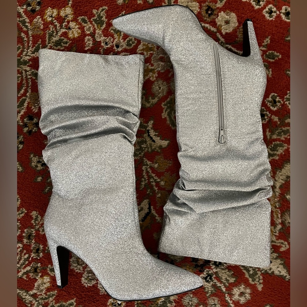 Women's Silver Glitter Slouchy Mid-Calf Heeled Boots